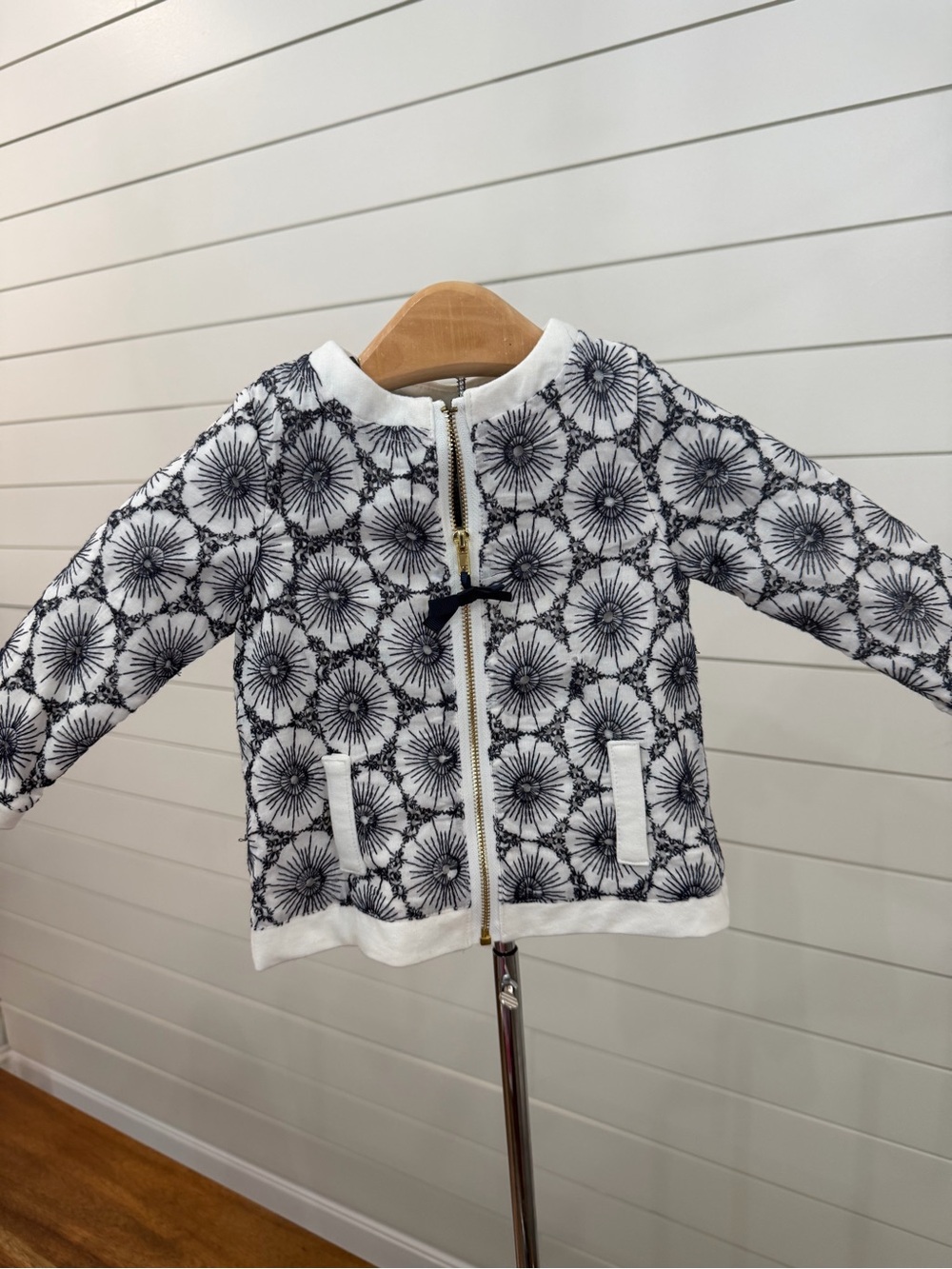 Cynthia Rowley White Jacket with Black Floral Embroidery and Gold Zipper